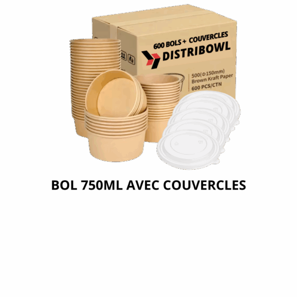 Carton de 600 bols + couvercles 750ml